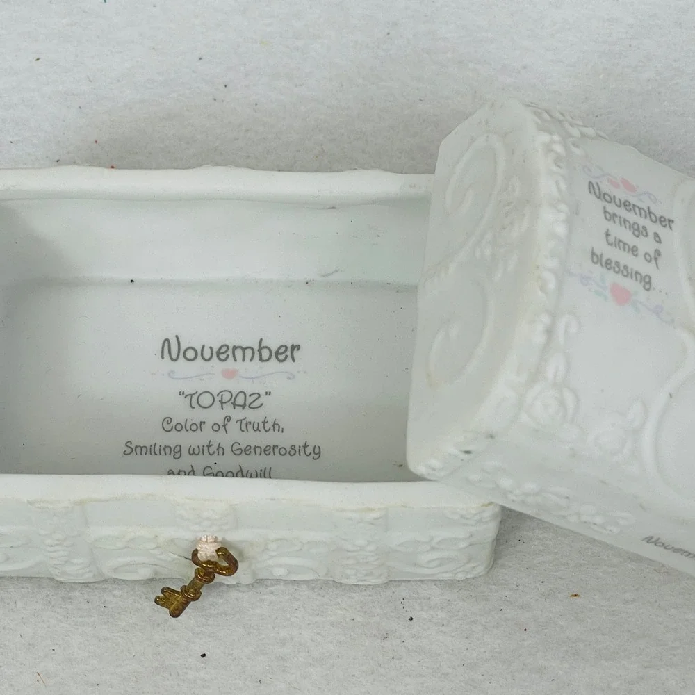 November Topaz Porcelain Treasure Chest Trinket Box White Ceramic Birthstone